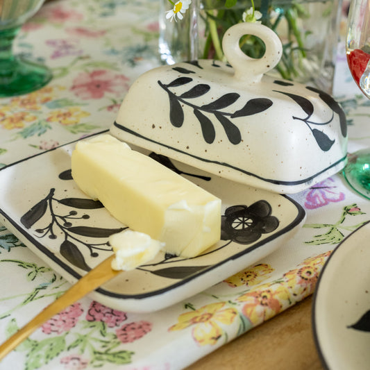 Black Painted Floral  Stoneware Butter Dish