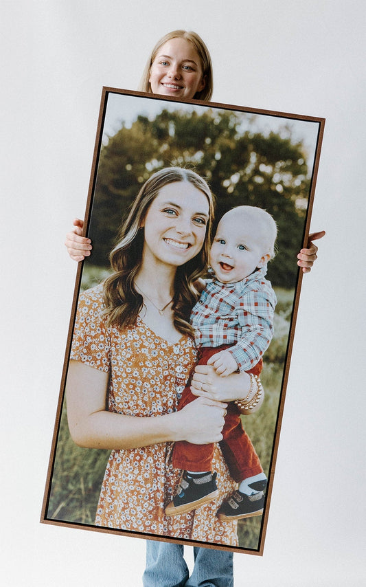 Smallwoods custom framed canvas print with family photo, slim natural wood frame, floating canvas