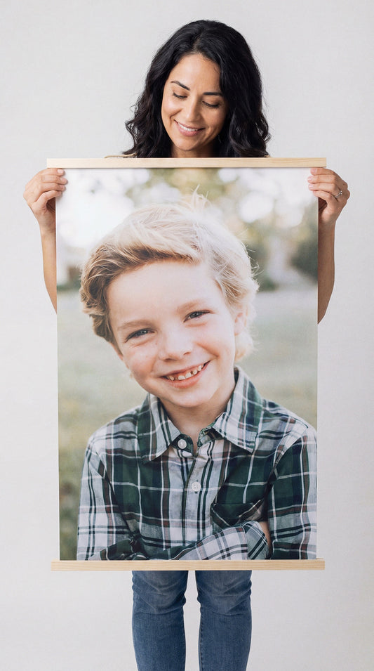 Smallwoods custom hanging canvas print with family photo, rustic wood rails and twine