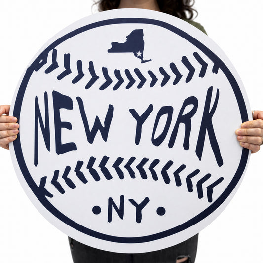 New York White Baseball Wood Wall Art