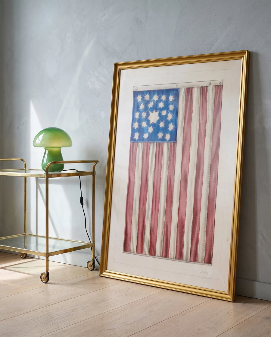 Old Glory framed flag art styled in a living room