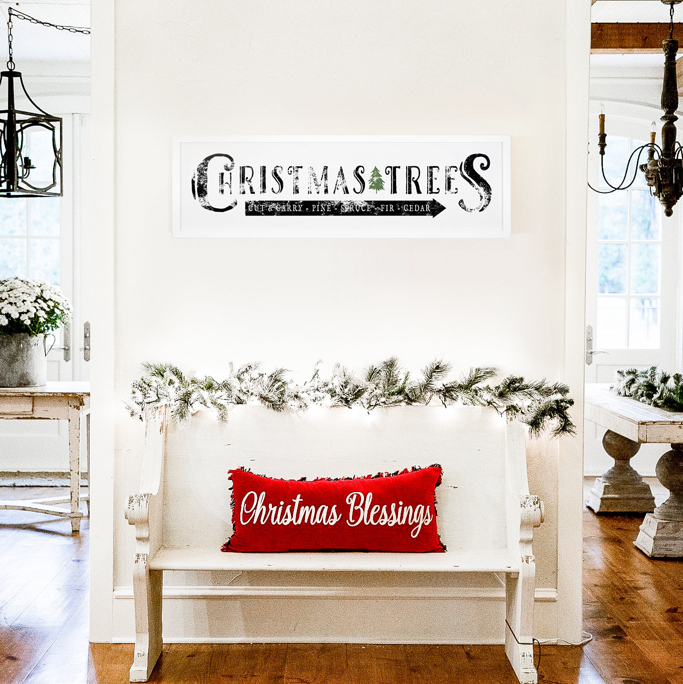 Smallwoods Christmas Tree Sign, with "Christmas Trees, Cut & Carry, Pine, Spruce, Fir & Cedar" printed on white canvas board.