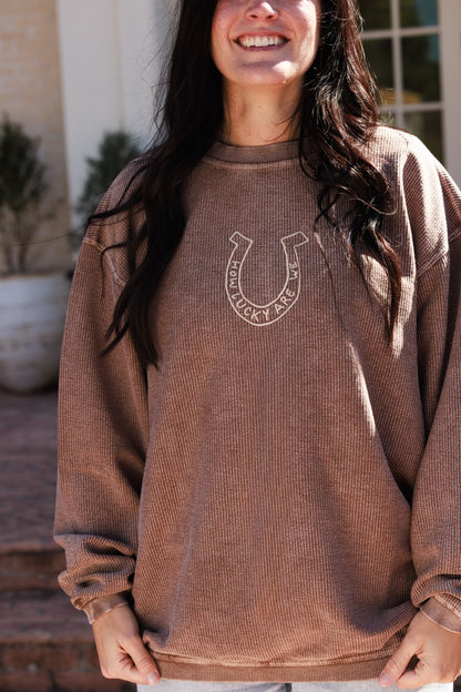 How Lucky Are We Corded Crewneck - Embroidered