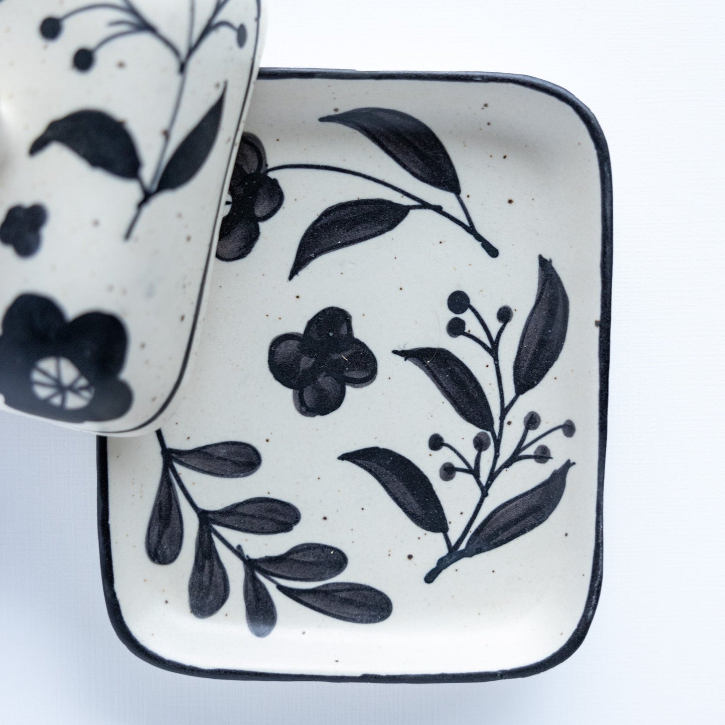 Black Painted Floral  Stoneware Butter Dish