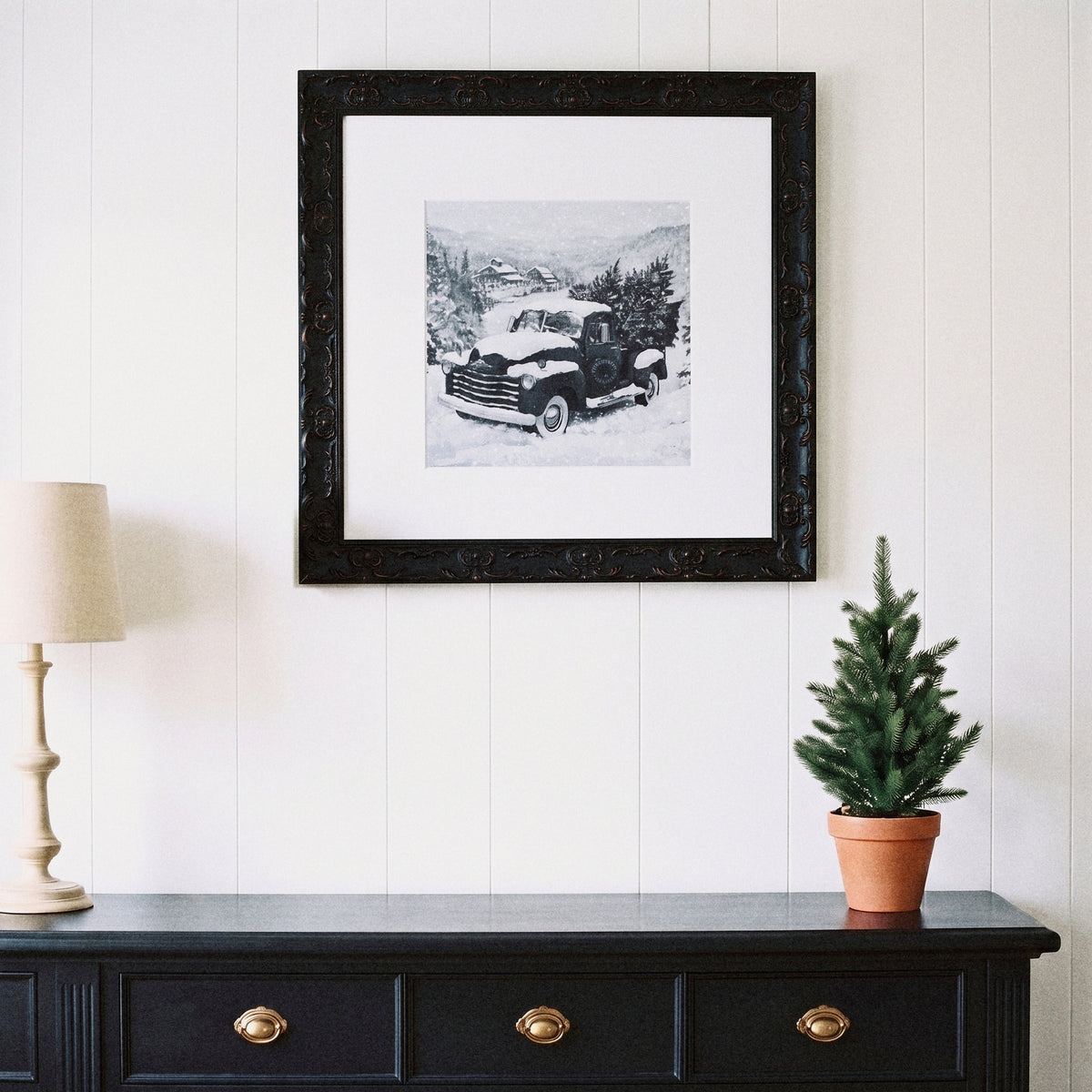 Christmas on the Farm framed art, Country Rustic Black frame, 16 x 16, styled room photo