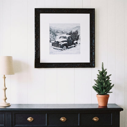 Christmas on the Farm framed art, Country Rustic Black frame, 16 x 16, styled room photo
