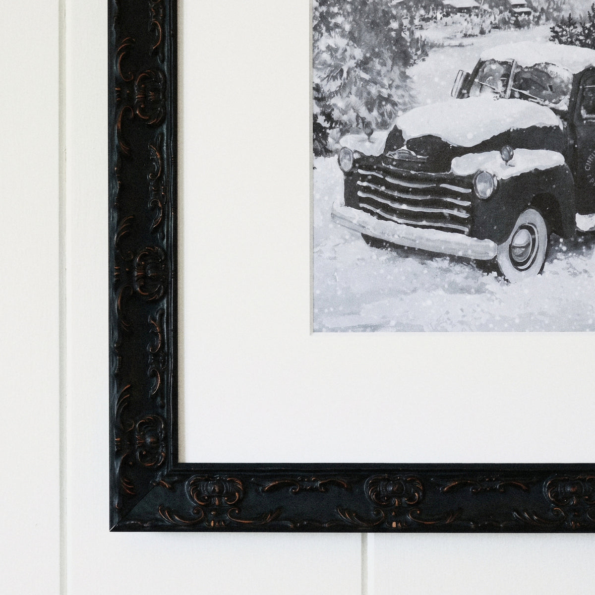 Christmas on the Farm framed art, Country Rustic Black frame, 16 x 16, frame close-up