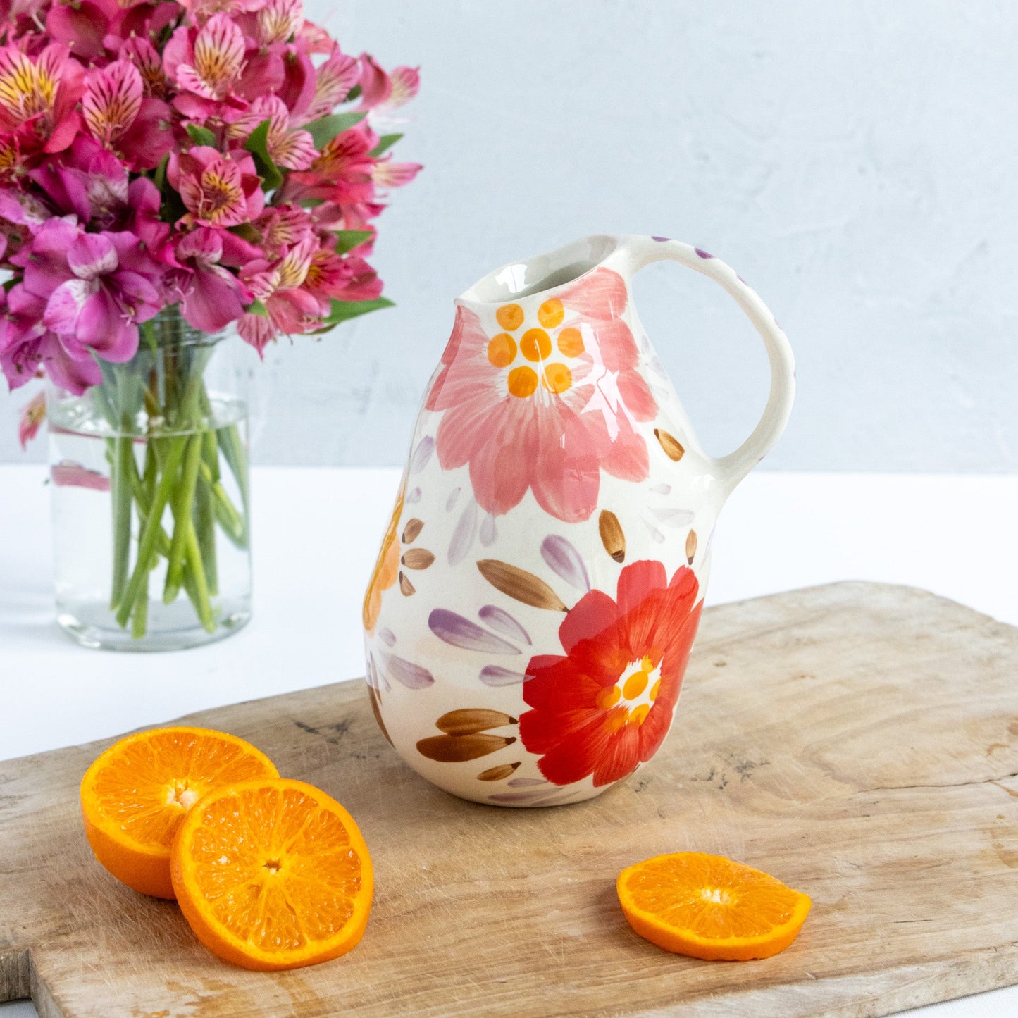 Painted Floral Stoneware Pitcher