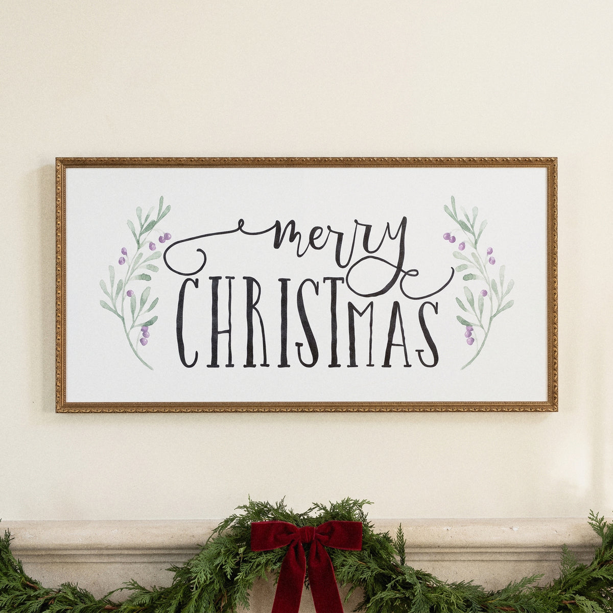 Merry Christmas Holly framed art, Frosted Gold frame, XL, detail photo