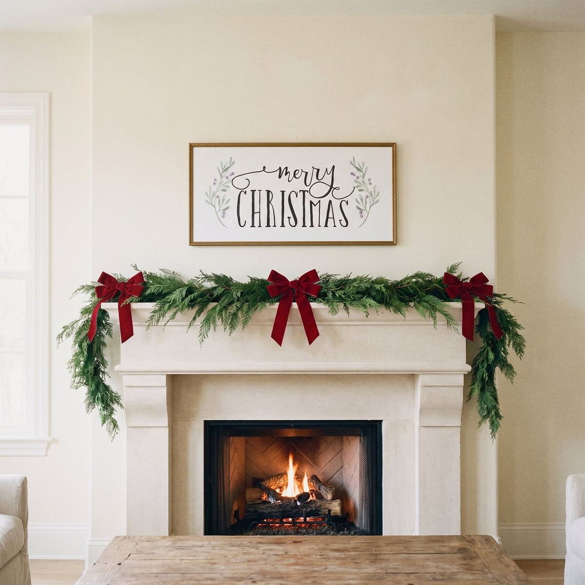Merry Christmas Holly framed art, Frosted Gold frame, XL, lifestyle photo