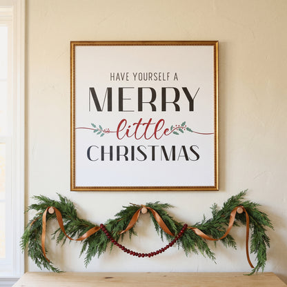 Merry Little Christmas framed art, Urban Gold Leaf frame, SQ, styled room photo