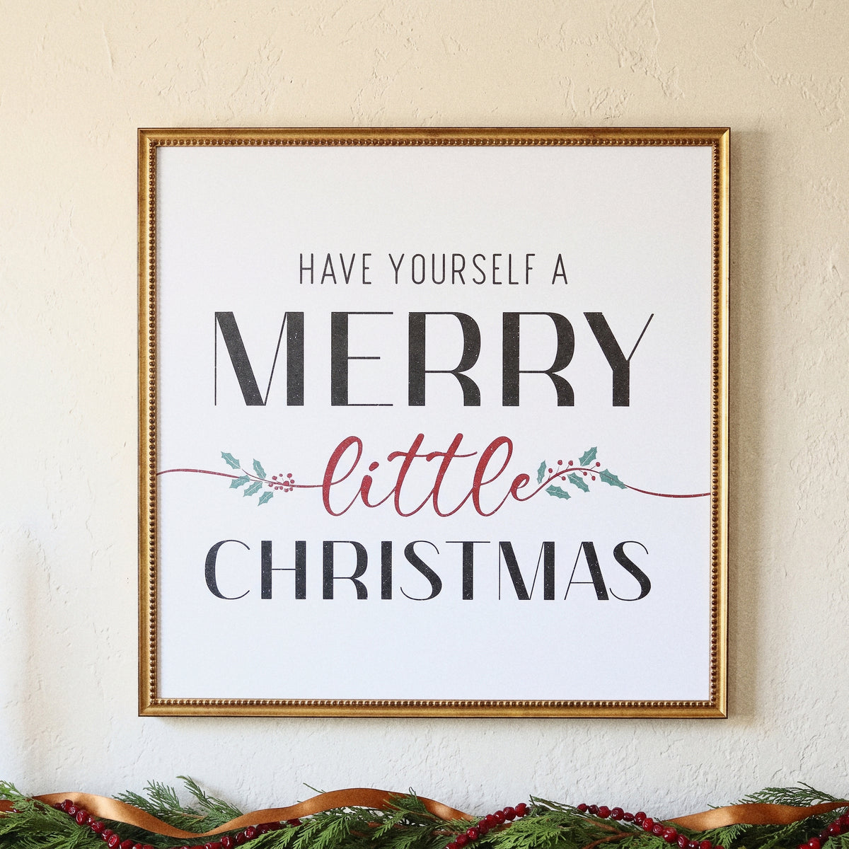 Merry Little Christmas framed art, Urban Gold Leaf frame, SQ, detail photo