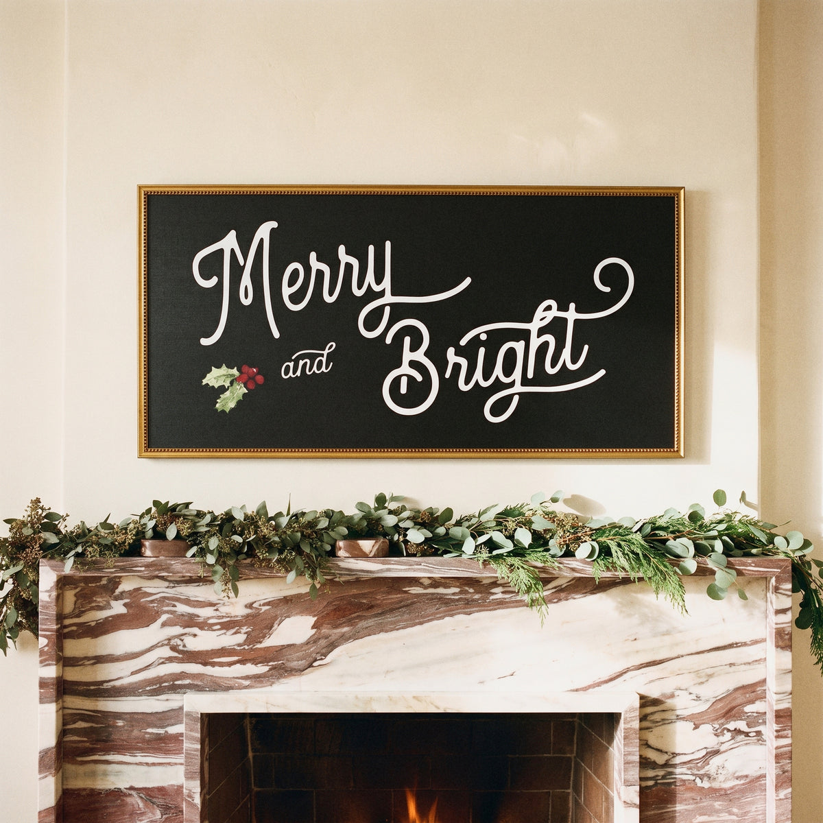 Merry & Bright framed art, Urban Gold Leaf frame, XL, styled room photo