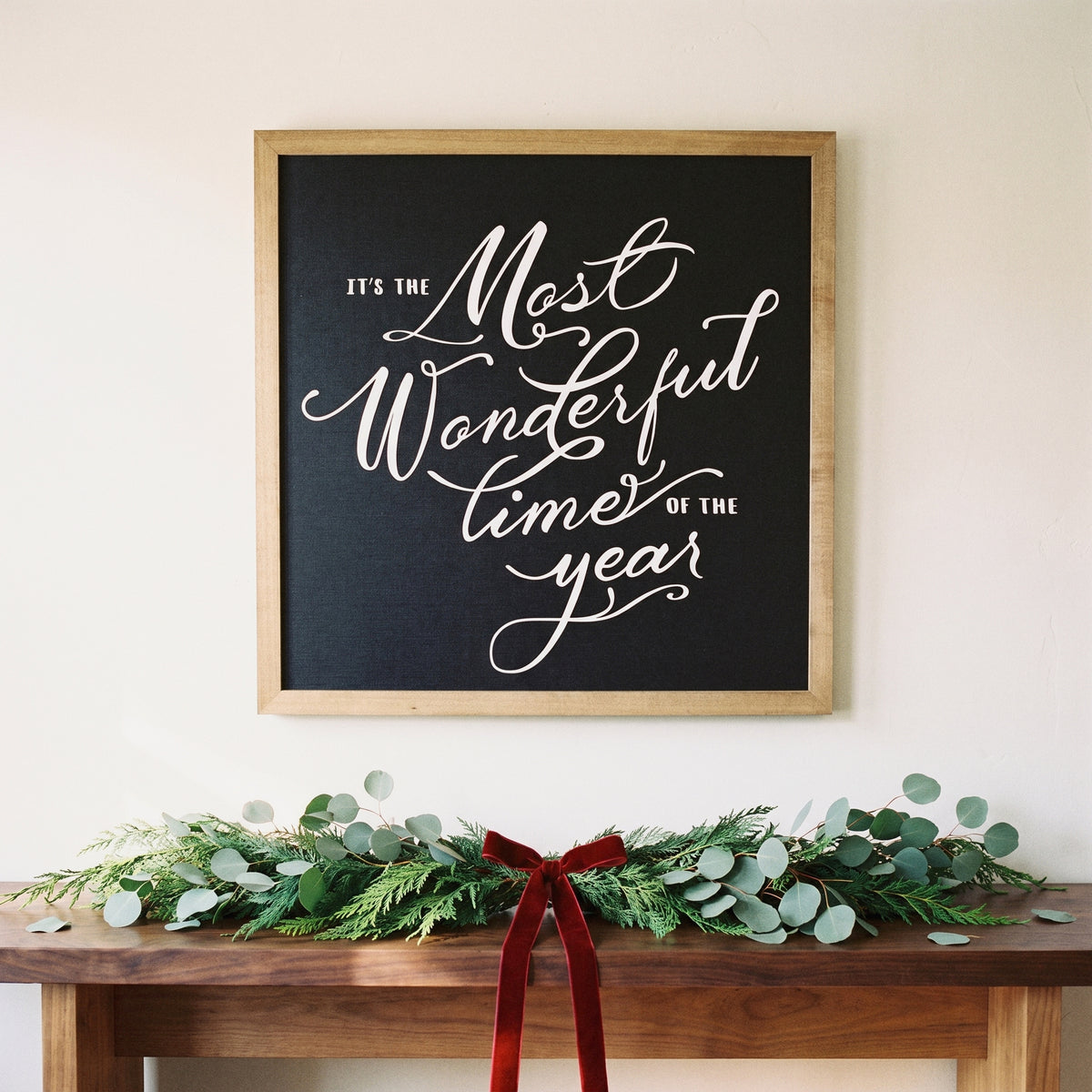 Most Wonderful Time framed art, Almond frame, SQ, styled room photo