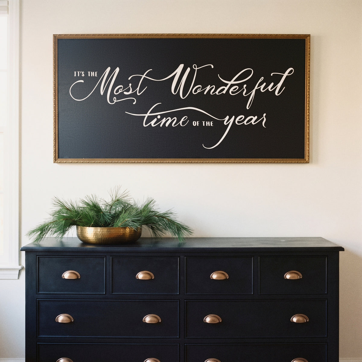 Most Wonderful Time framed art, Frosted Gold frame, XL, styled room photo