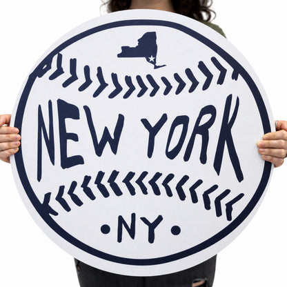 New York White Baseball Wood Wall Art