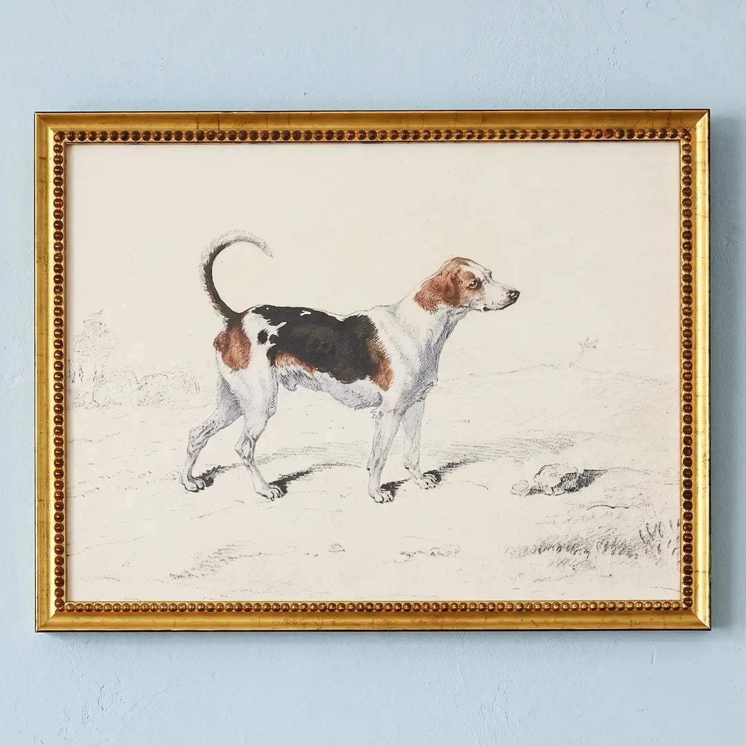 Beagle on the Hunt framed print in an Urban Gold Leaf frame