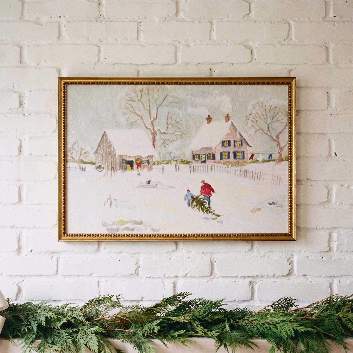 Carrying Christmas Home framed art, Urban Gold Leaf frame, M, styled room photo