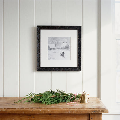 Snow Day framed art, Country Rustic Black frame, 16 x 16, styled room photo
