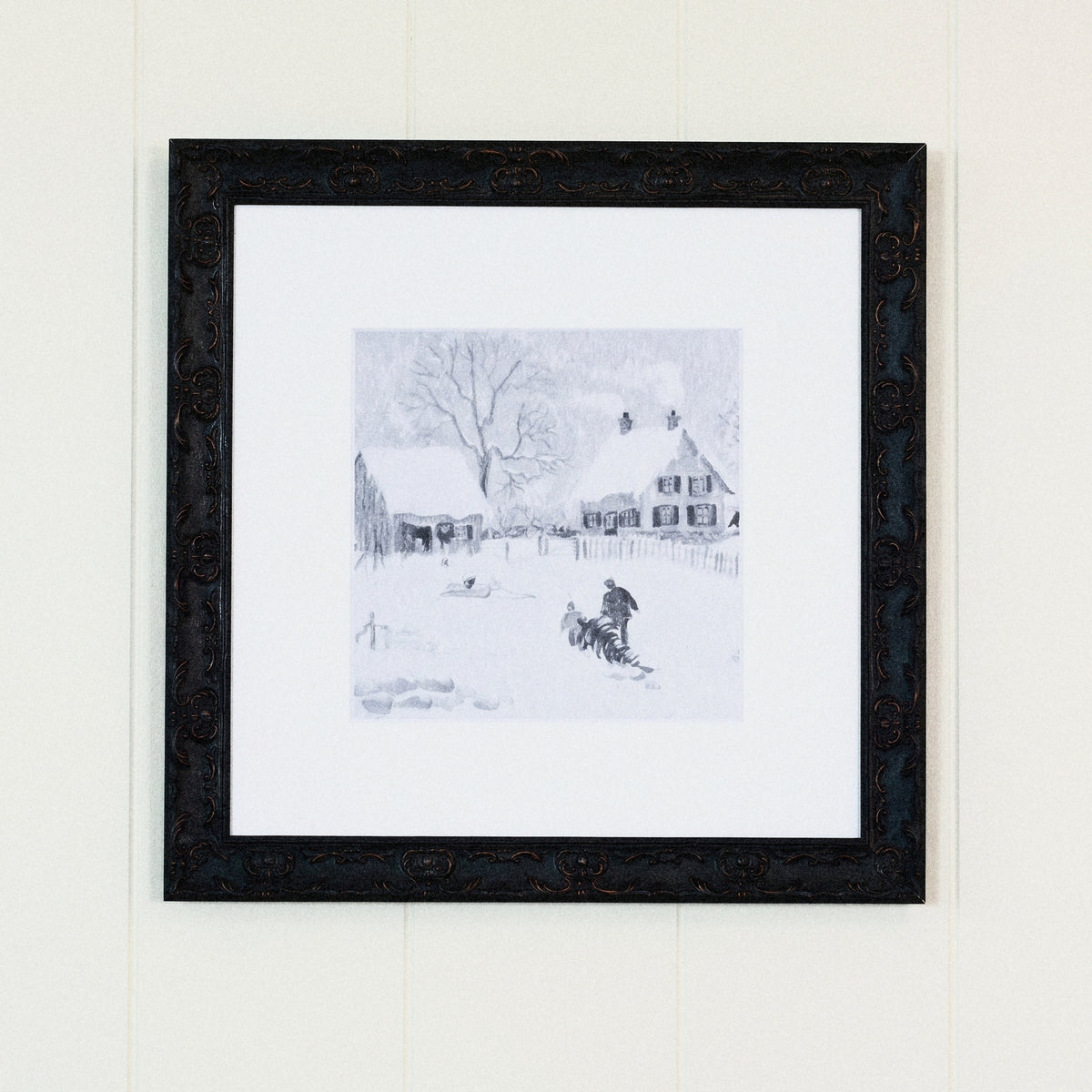 Snow Day framed art, Country Rustic Black frame, 16 x 16, detail photo