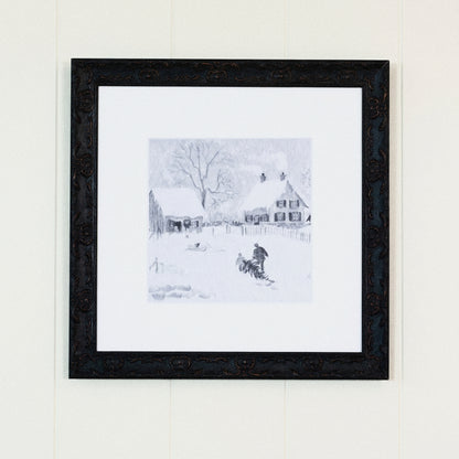 Snow Day framed art, Country Rustic Black frame, 16 x 16, detail photo