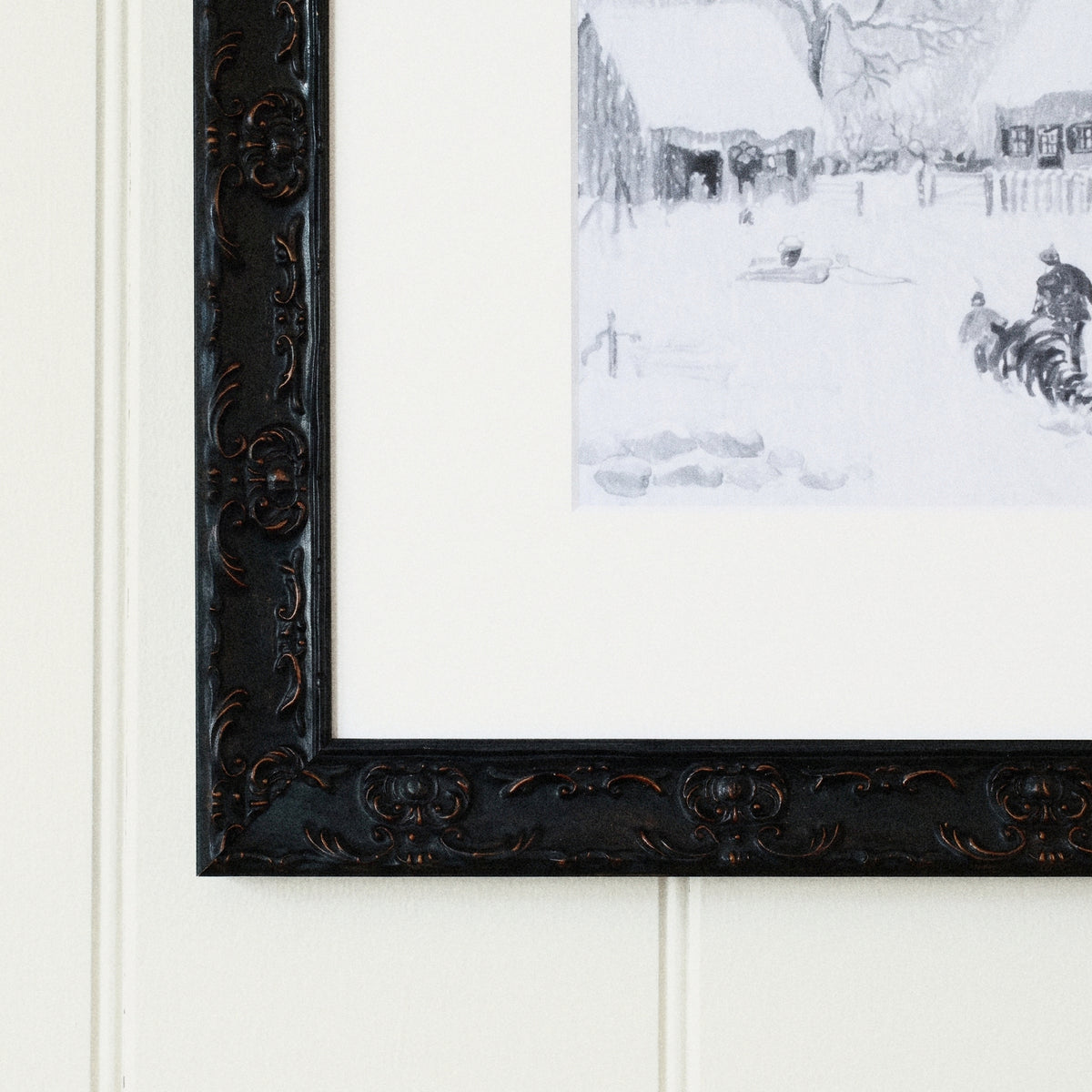 Snow Day framed art, Country Rustic Black frame, 16 x 16, frame close-up