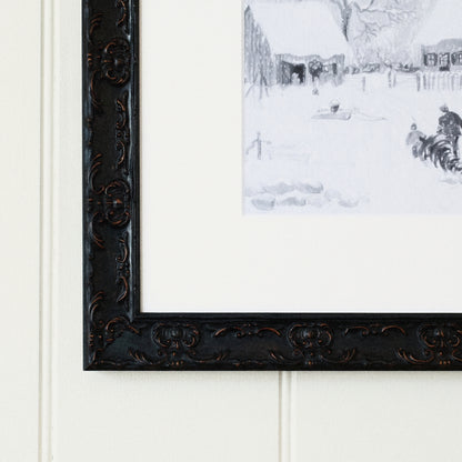 Snow Day framed art, Country Rustic Black frame, 16 x 16, frame close-up