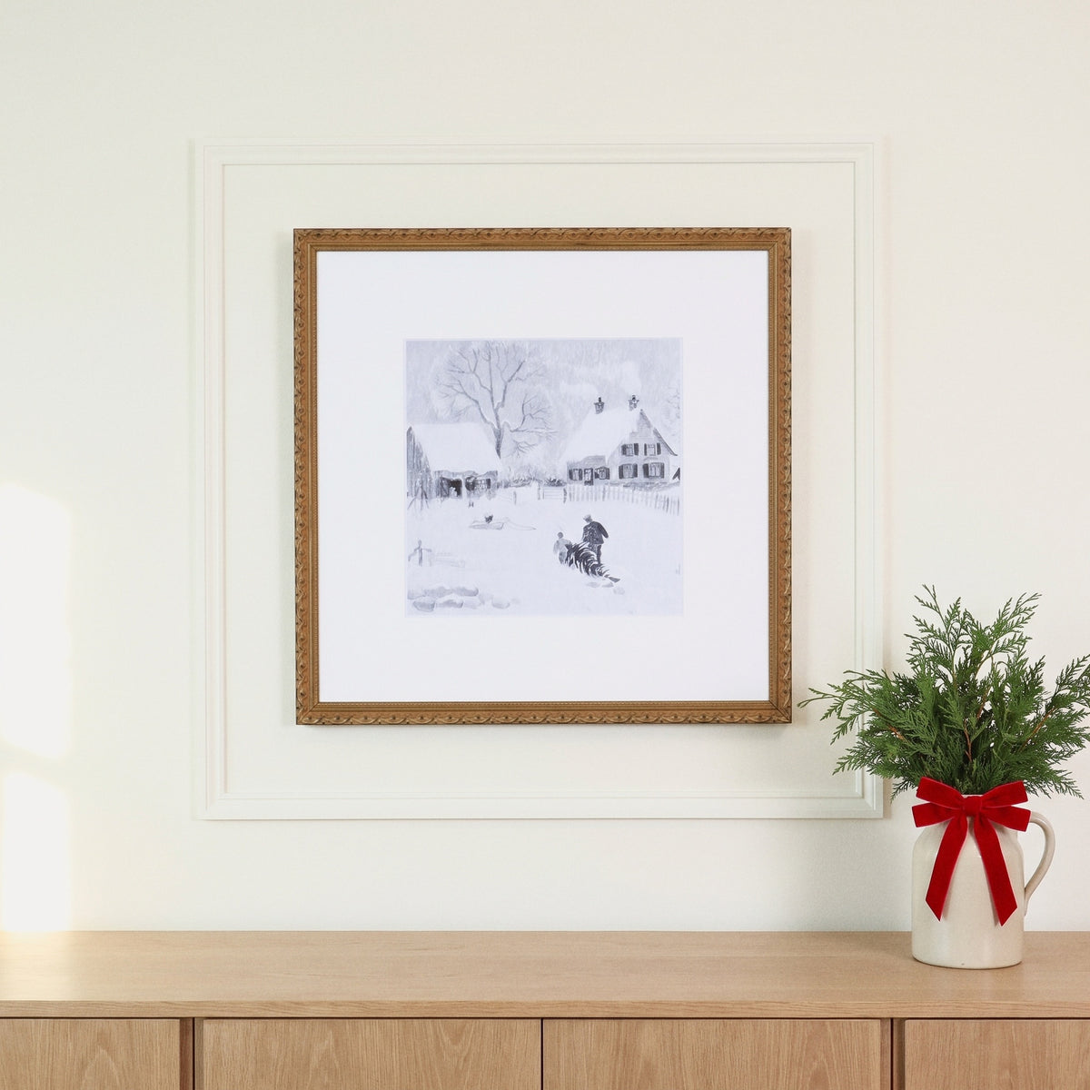 Snow Day framed art, Frosted Gold frame, 16 x 16, styled room photo