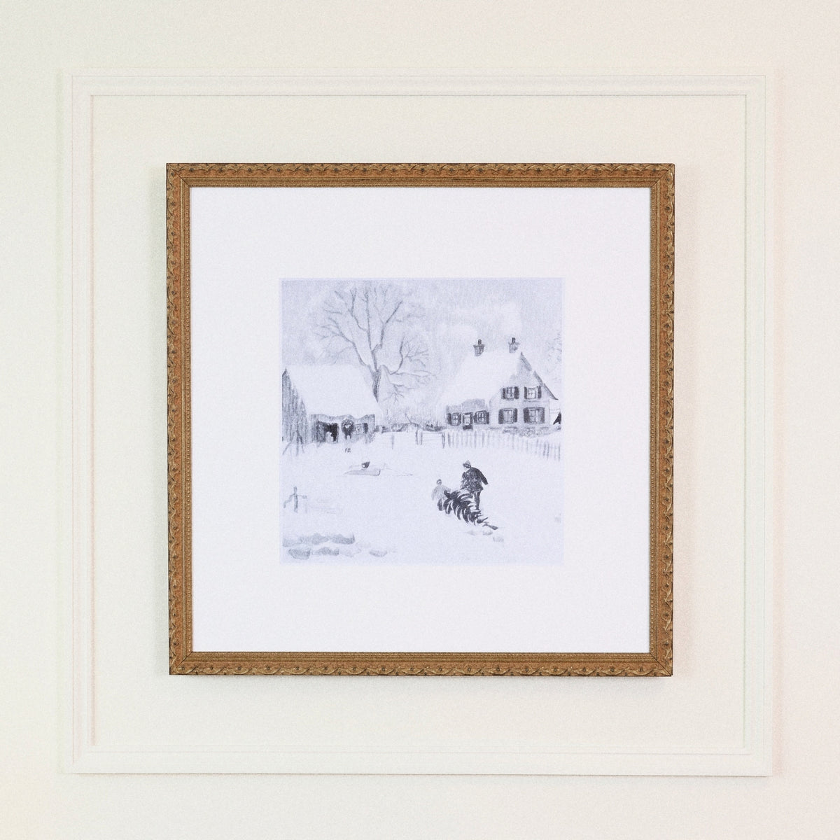Snow Day framed art, Frosted Gold frame, 16 x 16, detail photo