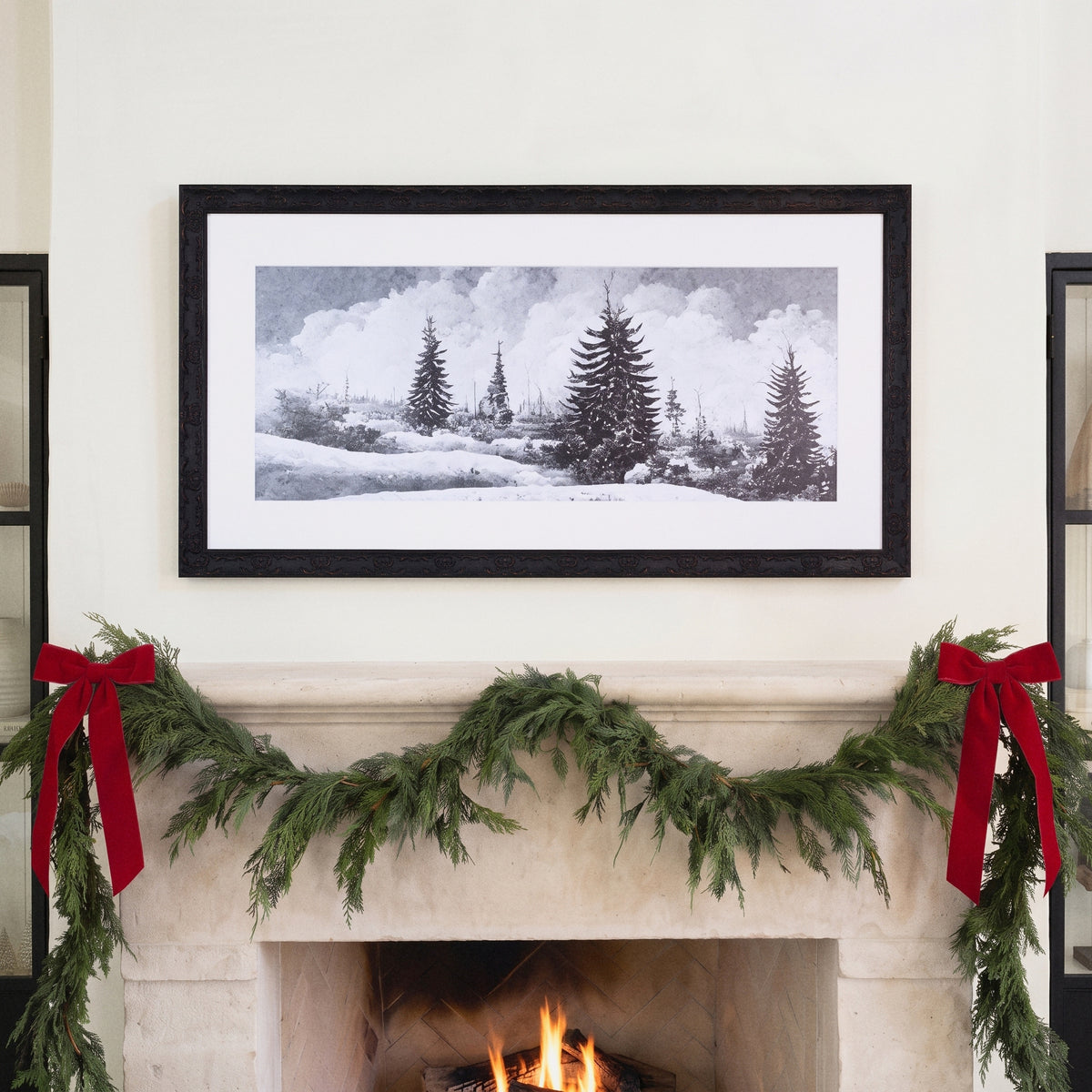 Snowy Field framed art, Country Rustic Black frame, XL, styled room photo