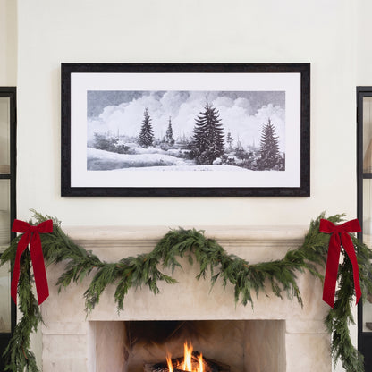 Snowy Field framed art, Country Rustic Black frame, XL, styled room photo