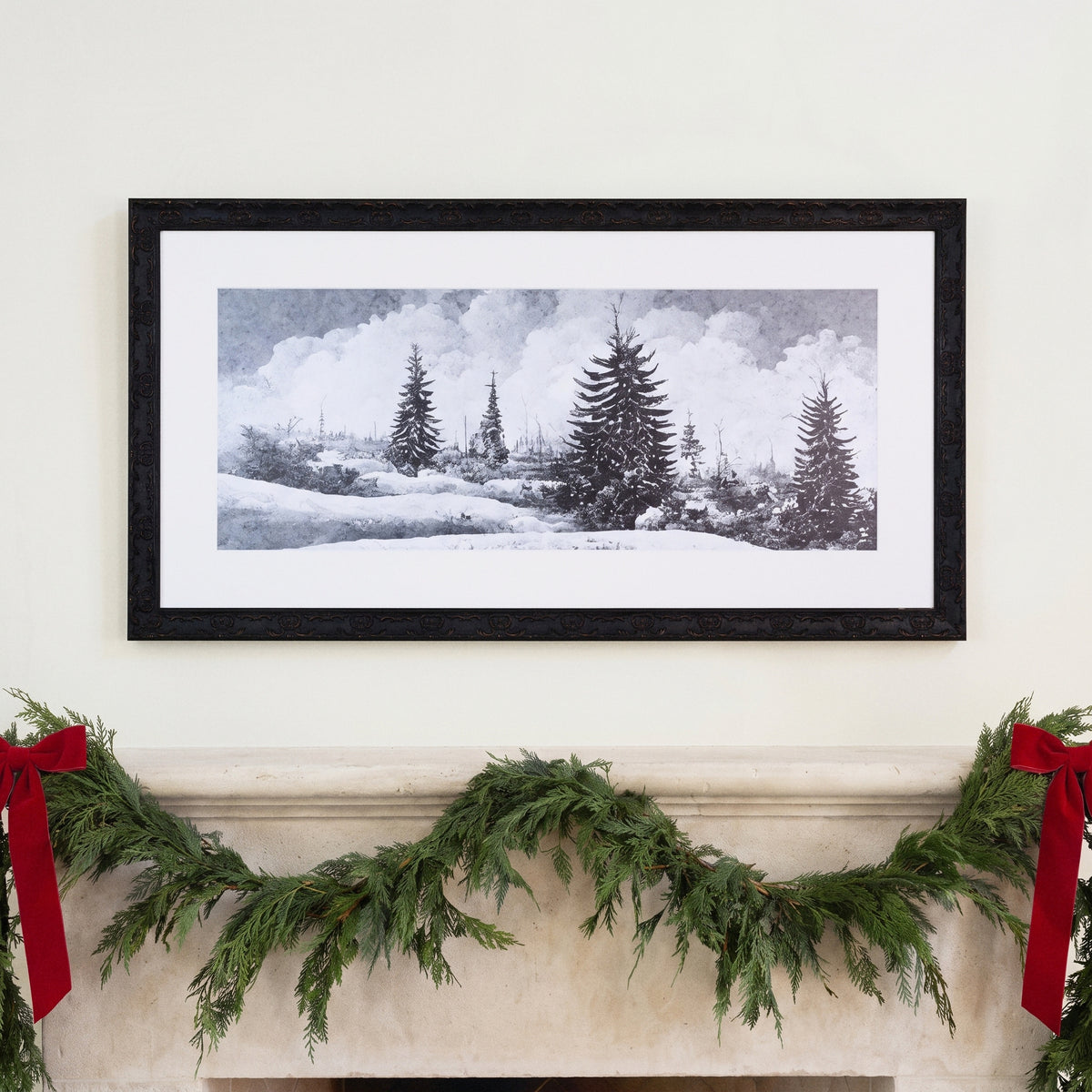 Snowy Field framed art, Country Rustic Black frame, XL, detail photo