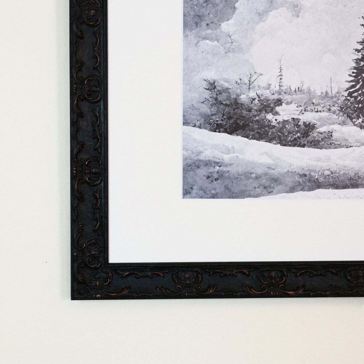 Snowy Field framed art, Country Rustic Black frame, XL, frame close-up