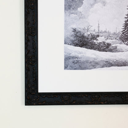 Snowy Field framed art, Country Rustic Black frame, XL, frame close-up