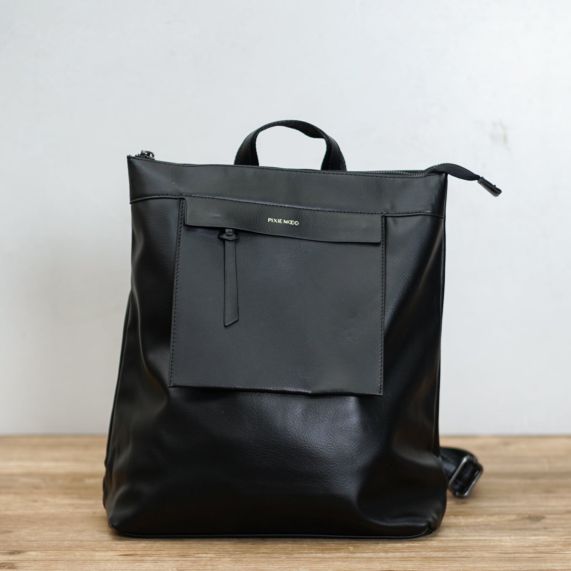 Leather Top Zip Backpack Black