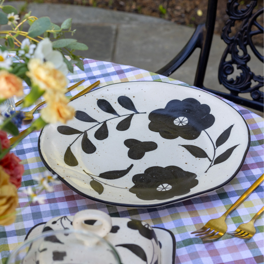 Black Painted Floral Stoneware Plate