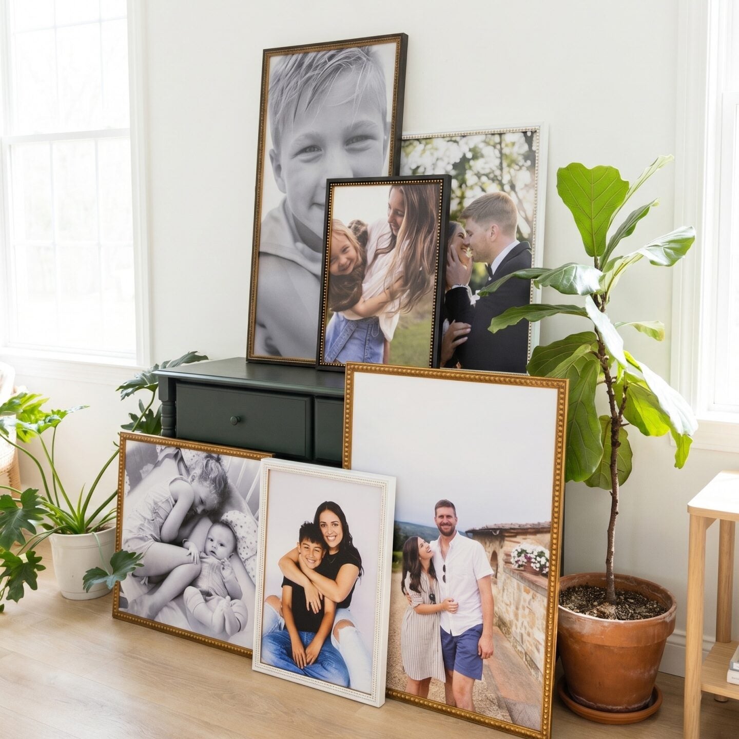 Custom photos displayed in ornate beaded wood frames