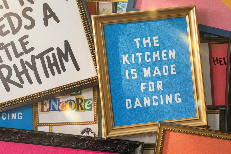 Colorful framed music artwork with The Kitchen Is Made for Dancing at the center