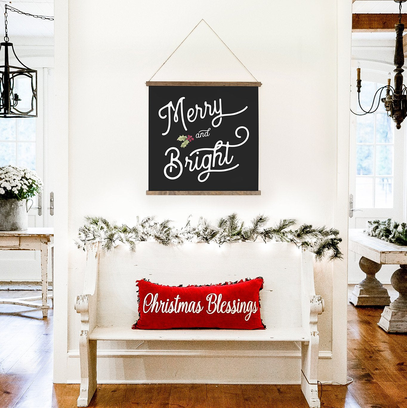 Smallwoods canvas sign, with "Merry and Bright" printed in white on black canvas with a mistletoe.
