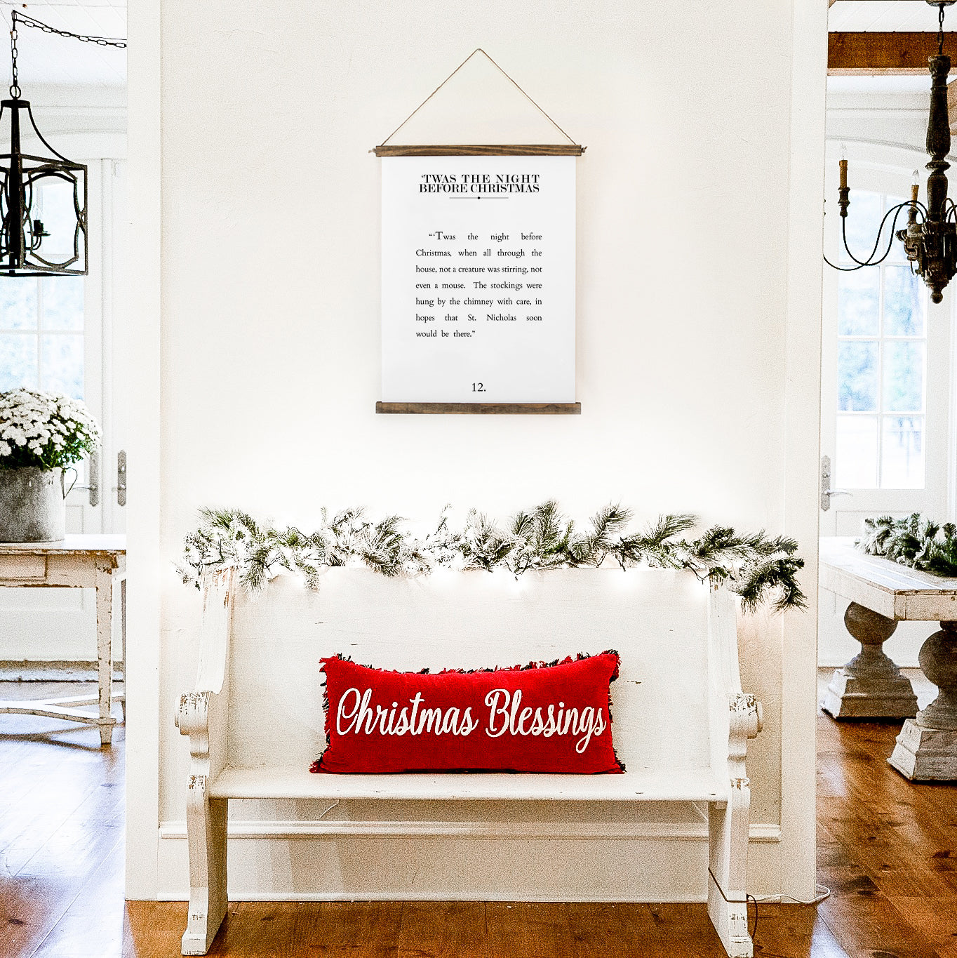 Smallwoods canvas sign, with "Twas the Night Before Christmas" and the first 2 lines of the poem printed on hanging canvas.