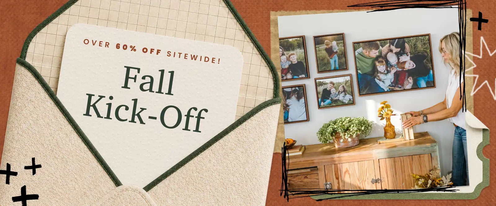 Fall Kick-Off. Over 60% off sitewide. A card in an envelope beside a gallery wall of framed family photos.
