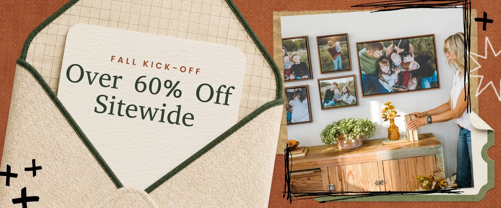 Fall Kick-Off. Over 60% off sitewide. A card in an envelope beside a gallery wall of framed family photos.